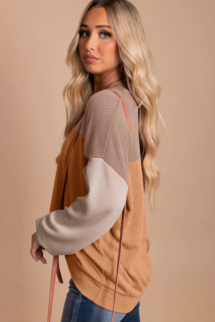 Multicolor Color Block Long Sleeve Ribbed Loose Top - Fashion Queen -  21
