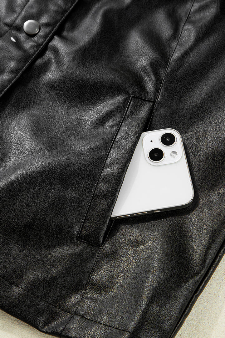 Black Faux Leather Buttoned Front Boxy Jacket