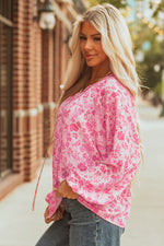 Load image into Gallery viewer, Pink Floral Puff Sleeve Split Neck Lightweight Blouse
