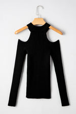 Load image into Gallery viewer, Black Ribbed Knit Cold Shoulder Choker Neck Sweater - Fashion Queen -  6
