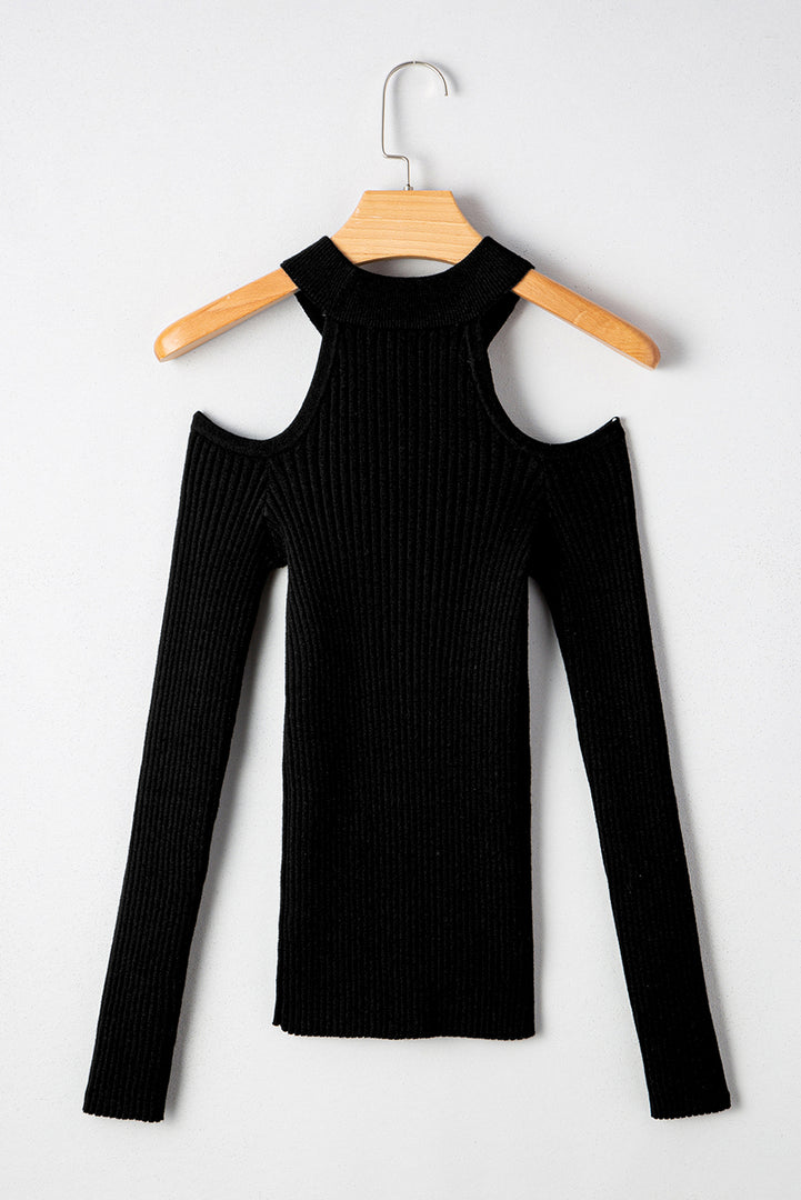 Black Ribbed Knit Cold Shoulder Choker Neck Sweater - Fashion Queen -  6