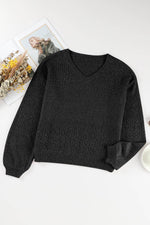 Load image into Gallery viewer, Black Eyelet Pattern Detail V Neck Drop Shoulder Sweater - Fashion Queen
