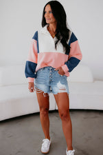 Load image into Gallery viewer, Pink Colorblock Patchwork Half Button Baggy Sweatshirt
