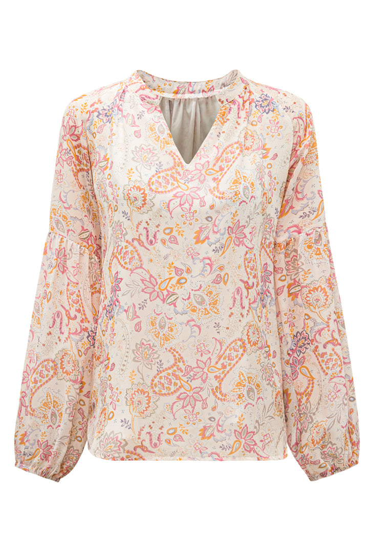Fiery Red White Floral Print V Neck Long Puff Sleeve Top - Fashion Queen -  21