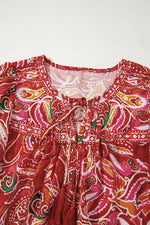 Load image into Gallery viewer, Multicolour Ethnic Paisley Print Tassel Tie Puff Sleeve Boho Blouse - Fashion Queen -  11
