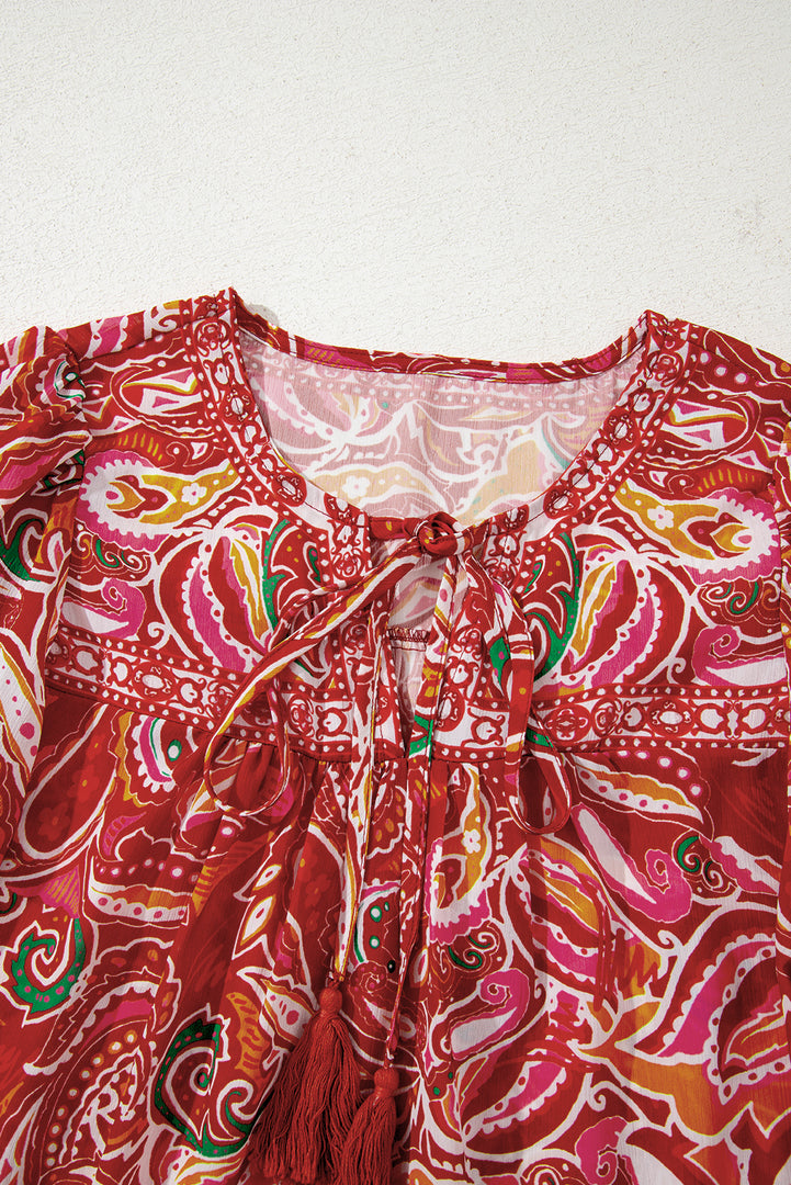 Multicolour Ethnic Paisley Print Tassel Tie Puff Sleeve Boho Blouse - Fashion Queen -  11