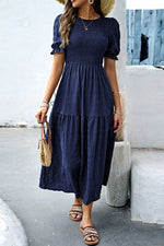 Load image into Gallery viewer, Sail Blue Solid Textured Smocked Puff Short Sleeve High Waist Long Dress - Fashion Queen -  3
