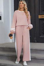 Load image into Gallery viewer, Pink Varsity Stripe Patchwork Puff Sleeve Pullover Drawstring Wide Leg Pant Set
