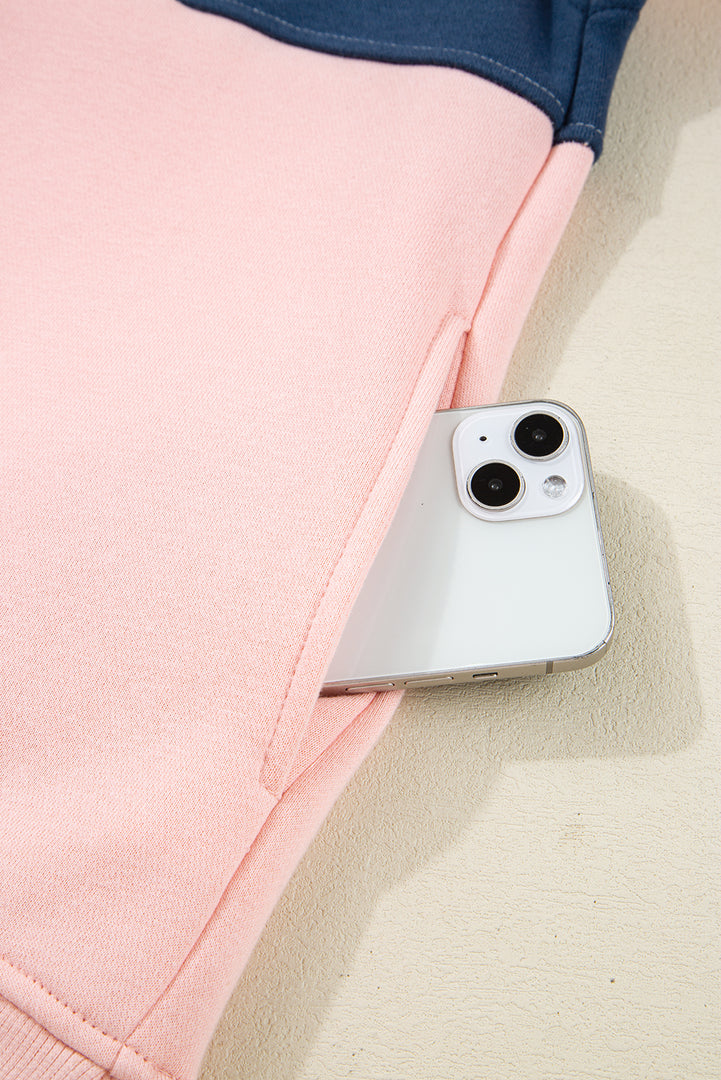 Pink Colorblock Patchwork Half Button Baggy Sweatshirt