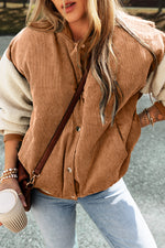 Load image into Gallery viewer, Mist Green Corduroy Fleece Patchwork Buttoned Bomber Jacket
