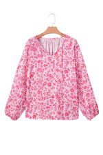 Load image into Gallery viewer, Pink Floral Puff Sleeve Split Neck Lightweight Blouse
