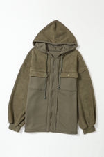 Load image into Gallery viewer, Black Flap Pocket Drawstring Hood Zip Up Jacket
