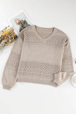 Load image into Gallery viewer, Black Eyelet Pattern Detail V Neck Drop Shoulder Sweater - Fashion Queen
