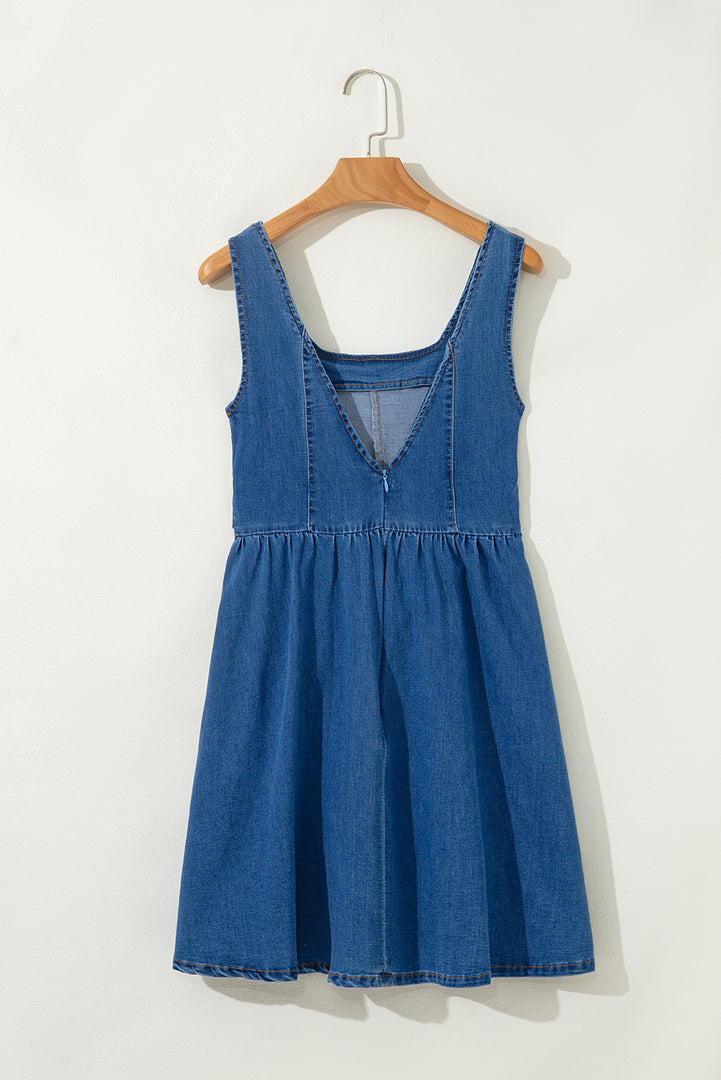 Sail Blue Square Neck Bowknot A-line Sleeveless Denim Dress - Fashion Queen -  7