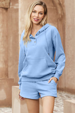 Load image into Gallery viewer, Light Blue Button Drawstring Hooded Pullover and Casual Short Set
