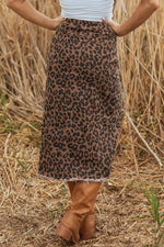 Load image into Gallery viewer, Brown Leopard Denim Frayed Split Denim Midi Skirt
