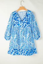 Load image into Gallery viewer, Rose Bohemian Print Puff Sleeve Tied V Neck Flared Mini Dress - Fashion Queen
