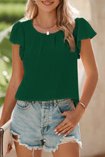 Load image into Gallery viewer, Blackish Green Flounce Sleeve Pleated Textured Blouse
