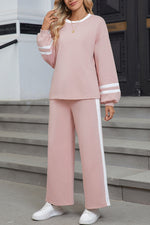 Load image into Gallery viewer, Pink Varsity Stripe Patchwork Puff Sleeve Pullover Drawstring Wide Leg Pant Set
