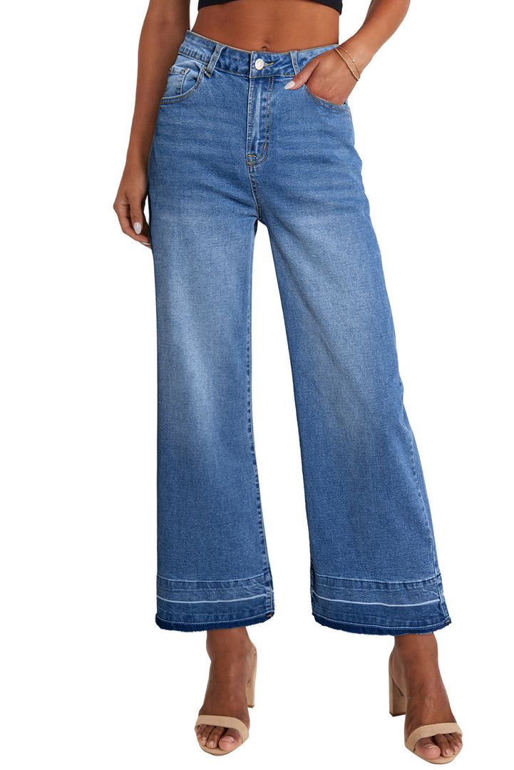 Dusk Blue Raw Hem Straight Leg Loose High Waist Jeans