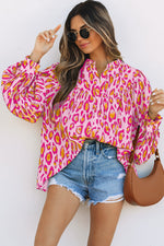 Load image into Gallery viewer, Rose Red Oversized Leopard Print Balloon Sleeve Casual Shirt
