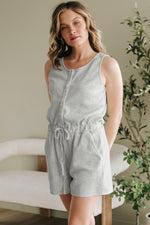 Load image into Gallery viewer, Light Grey Waffle Knit Sleeveless Buttoned Front Drawstring Waist Romper
