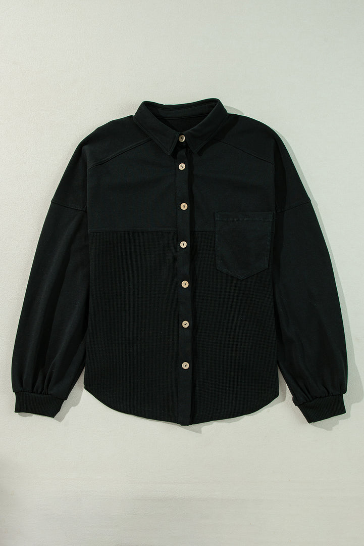 Moss Green Waffle Knit Patchwork Buttoned Oversized Shacket
