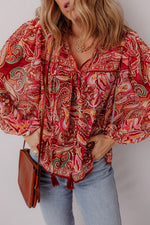 Load image into Gallery viewer, Multicolour Ethnic Paisley Print Tassel Tie Puff Sleeve Boho Blouse - Fashion Queen -  7

