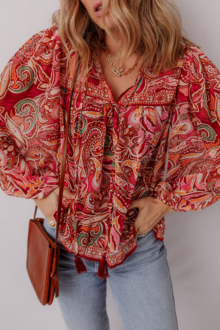 Multicolour Ethnic Paisley Print Tassel Tie Puff Sleeve Boho Blouse - Fashion Queen -  7