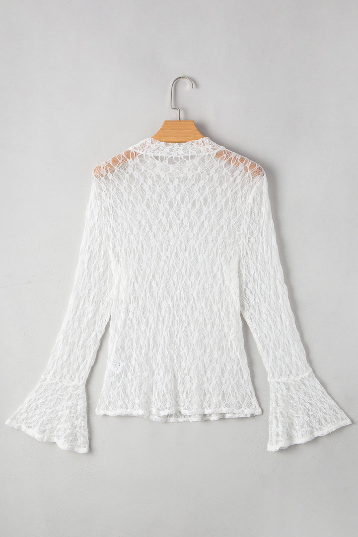 White Sheer Lace Bell Sleeve Mock Neck Blouse - Fashion Queen -  5