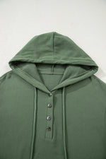 Load image into Gallery viewer, Black Button Drawstring Hooded Pullover and Casual Short Set

