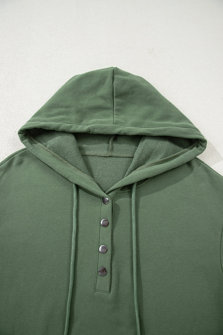 Black Button Drawstring Hooded Pullover and Casual Short Set