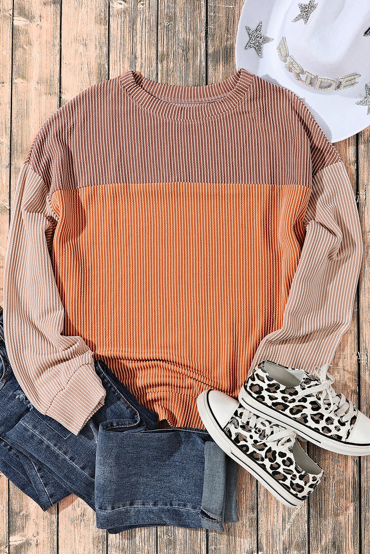 Multicolor Color Block Long Sleeve Ribbed Loose Top - Fashion Queen -  29