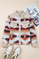 Load image into Gallery viewer, Multicolour Western Aztec Striped Patchwork Double Flap Pocket Raw Hem Shacket
