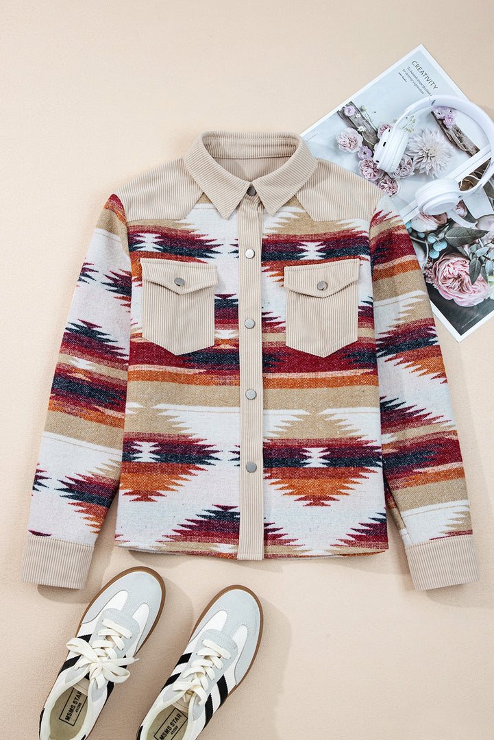 Multicolour Western Aztec Striped Patchwork Double Flap Pocket Raw Hem Shacket