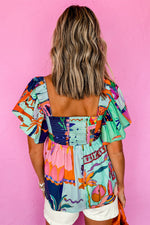Load image into Gallery viewer, Sky Blue Tropical Printed Square Neck Flutter Sleeve Babydoll Blouse
