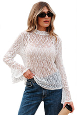 Load image into Gallery viewer, White Sheer Lace Bell Sleeve Mock Neck Blouse
