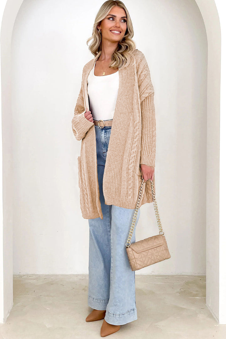 Parchment Oversize Chunky Cable Knit Open Front Midi-length Cardigan