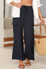Load image into Gallery viewer, Black Drawstring Frilled Waist Wide Leg Utility Trousers
