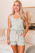 Load image into Gallery viewer, Light Grey Waffle Knit Sleeveless Buttoned Front Drawstring Waist Romper
