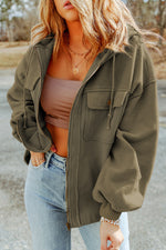 Load image into Gallery viewer, Black Flap Pocket Drawstring Hood Zip Up Jacket
