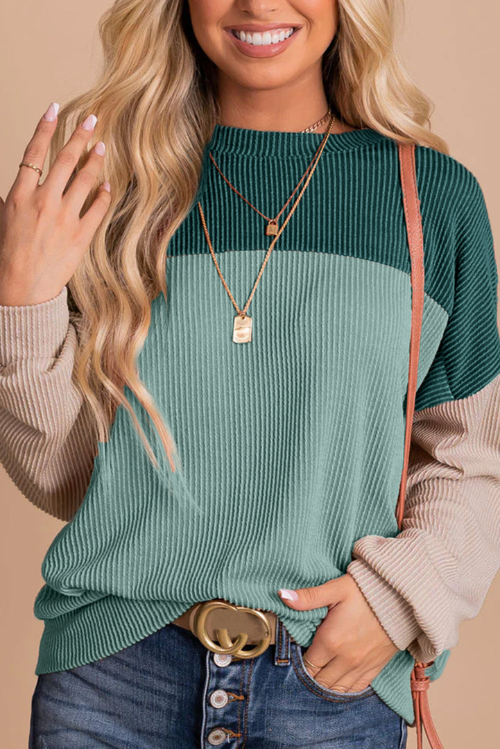 Multicolor Color Block Long Sleeve Ribbed Loose Top - Fashion Queen -  5