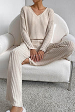 Load image into Gallery viewer, Black Ribbed Knit V Neck Slouchy Two-piece Outfit - Fashion Queen

