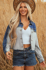 Load image into Gallery viewer, Dusk Blue Color Block Patchwork Flap Detail Distress Denim Jacket

