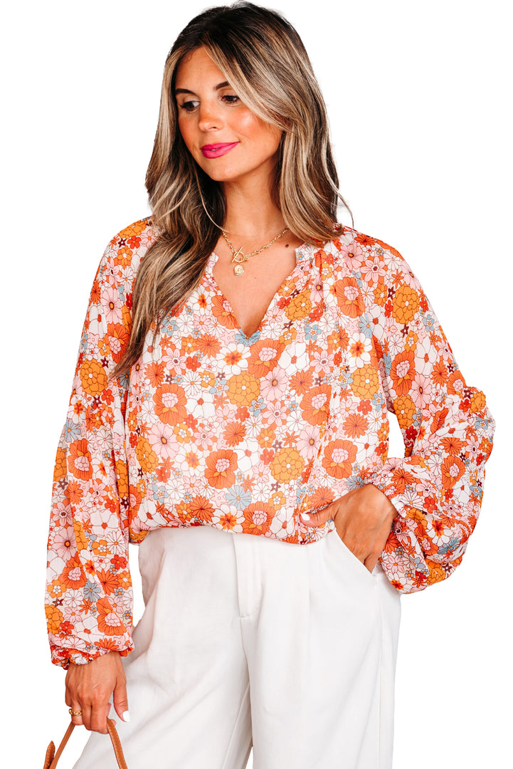 Fiery Red White Floral Print V Neck Long Puff Sleeve Top