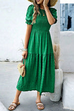 Load image into Gallery viewer, Sail Blue Solid Textured Smocked Puff Short Sleeve High Waist Long Dress - Fashion Queen -  10
