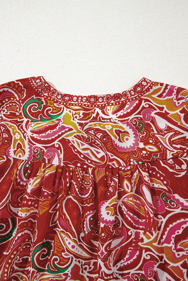 Multicolour Ethnic Paisley Print Tassel Tie Puff Sleeve Boho Blouse - Fashion Queen -  12