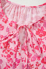 Load image into Gallery viewer, Pink Floral Puff Sleeve Split Neck Lightweight Blouse - Fashion Queen -  7
