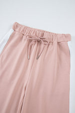 Load image into Gallery viewer, Pink Varsity Stripe Patchwork Puff Sleeve Pullover Drawstring Wide Leg Pant Set

