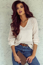 Load image into Gallery viewer, Black Eyelet Pattern Detail V Neck Drop Shoulder Sweater - Fashion Queen
